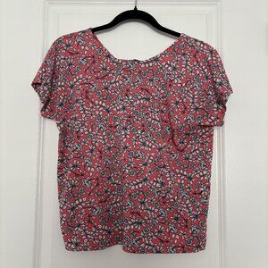 Floral Print Short Sleeve Blouse | Red and White Daisy Pattern | Size XS